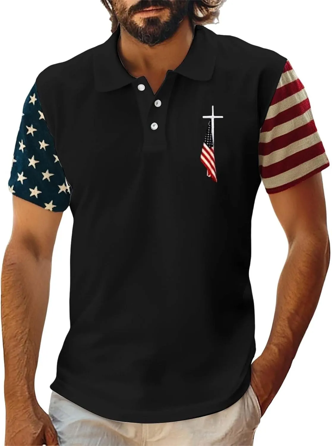 American Flag Print Shirts Loose Printed Lapel Down Polo Shirt Lightweight Quick Dry Soft Short Sleeve Patriotic Tees
