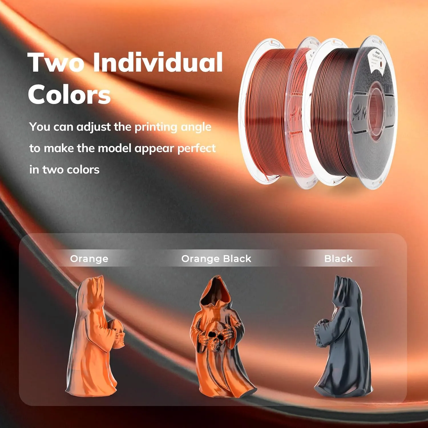 AMOLEN Silk PLA 3D Printer Filament, Dual Color Black Orange PLA 1.75mm, Shiny Color Change Filament 3D Printing PLA Filament for Most FDM 3D Printer, 1kg Spool(2.2lbs)