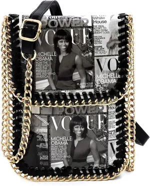 Amy & Joey Glossy magazine cover collage chain around Large crossbody bag purses cellphone carrying bag Michelle Obama bags (GY/BK)