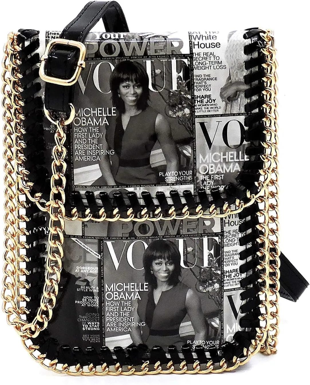 Amy & Joey Glossy magazine cover collage chain around Large crossbody bag purses cellphone carrying bag Michelle Obama bags (GY/BK)