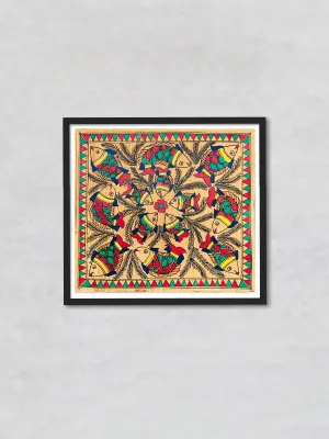 Aqua Bloom: The Vibrant Fish Formation in Madhubani Painting by Ambika Devi