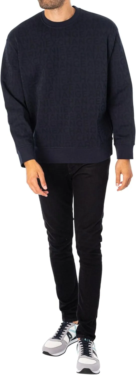 Armani Exchange Men's All Over Logo Stretch Bonded Cotton Crewneck Sweatshirt