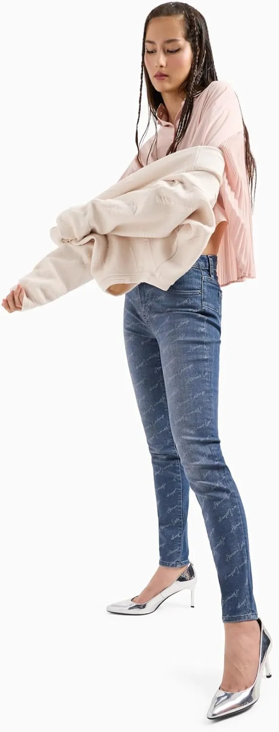 Armani Exchange Women's Super Skinny Lift Up Fit Stretch Cotton Denim with All Over Signature Logo and Shiny Coating