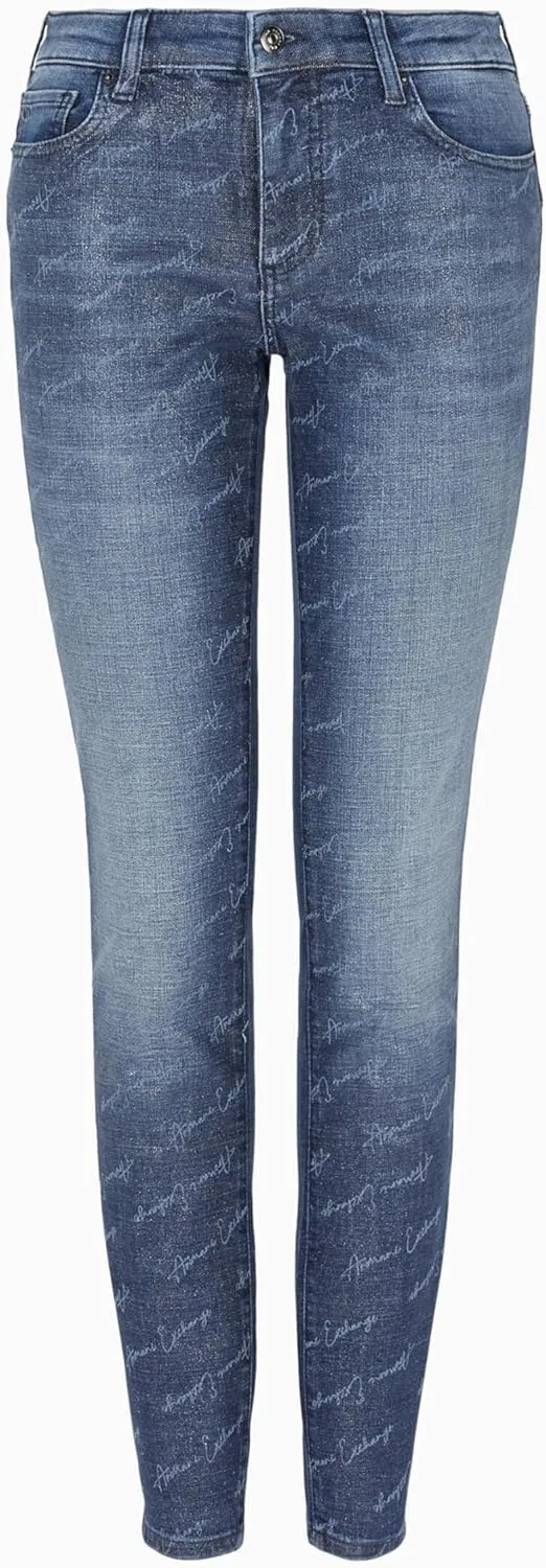 Armani Exchange Women's Super Skinny Lift Up Fit Stretch Cotton Denim with All Over Signature Logo and Shiny Coating