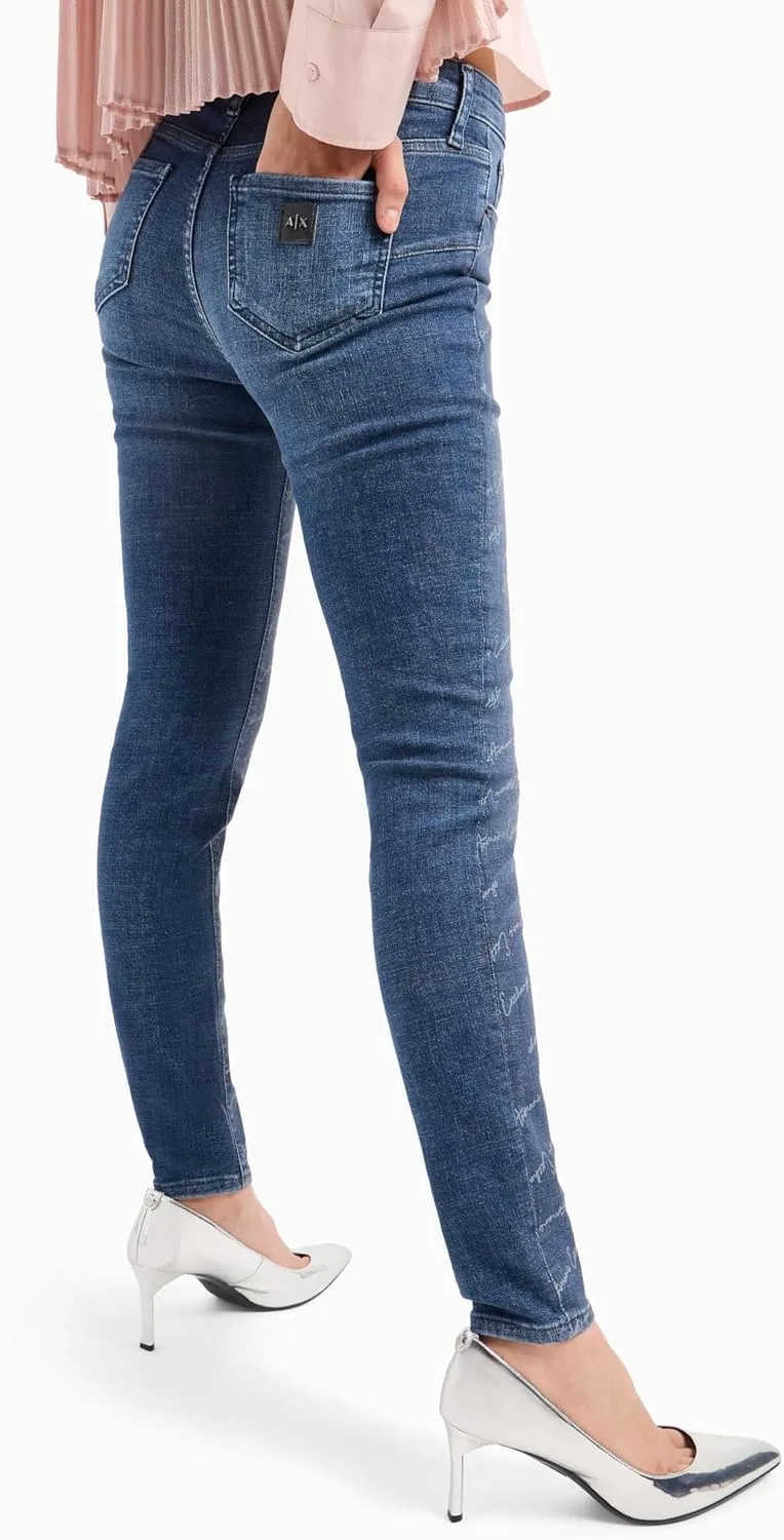 Armani Exchange Women's Super Skinny Lift Up Fit Stretch Cotton Denim with All Over Signature Logo and Shiny Coating