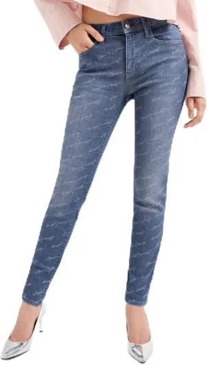 Armani Exchange Women's Super Skinny Lift Up Fit Stretch Cotton Denim with All Over Signature Logo and Shiny Coating
