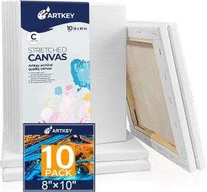 Artkey Canvases for Painting 8 x 10 Inch 10 - Pack, 5/8" Profile Stretched Canvas - 10 oz Primed, 100% Cotton White Blank Canvas - Art Paint Canvases for Acrylic Oil Paint