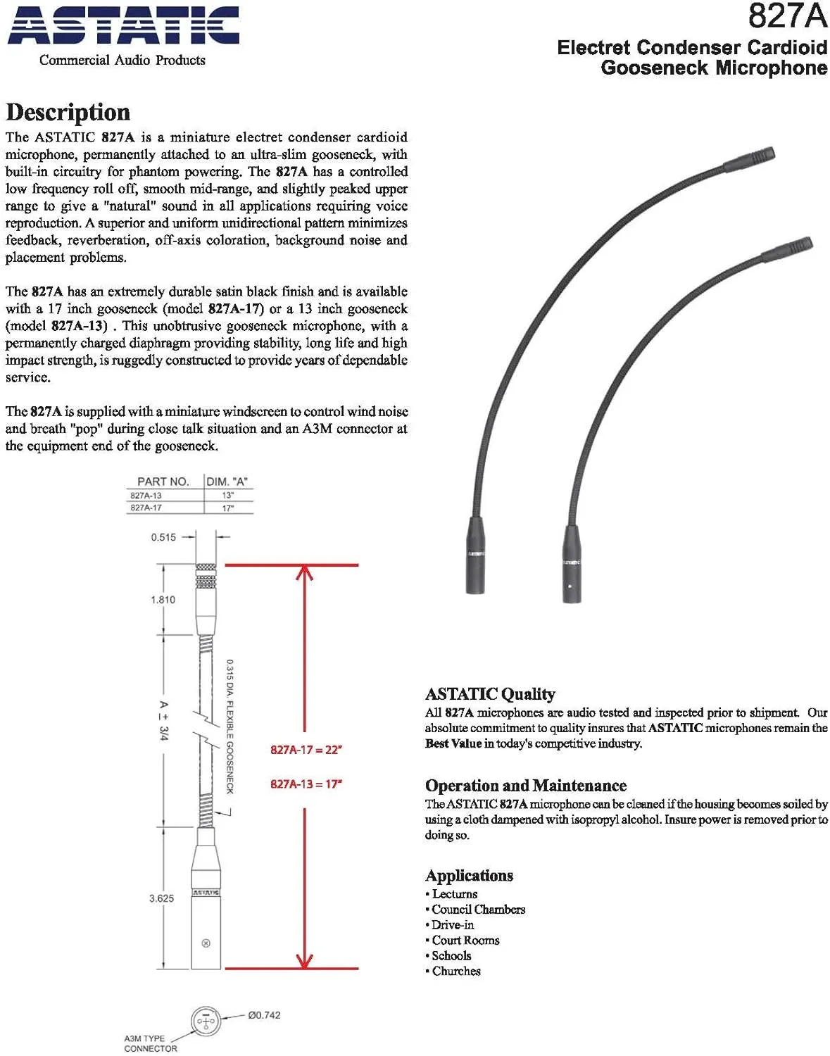 Astatic 827A-17 22" Cardioid Condenser-Mini Gooseneck, Speech Tailored Frequency Response
