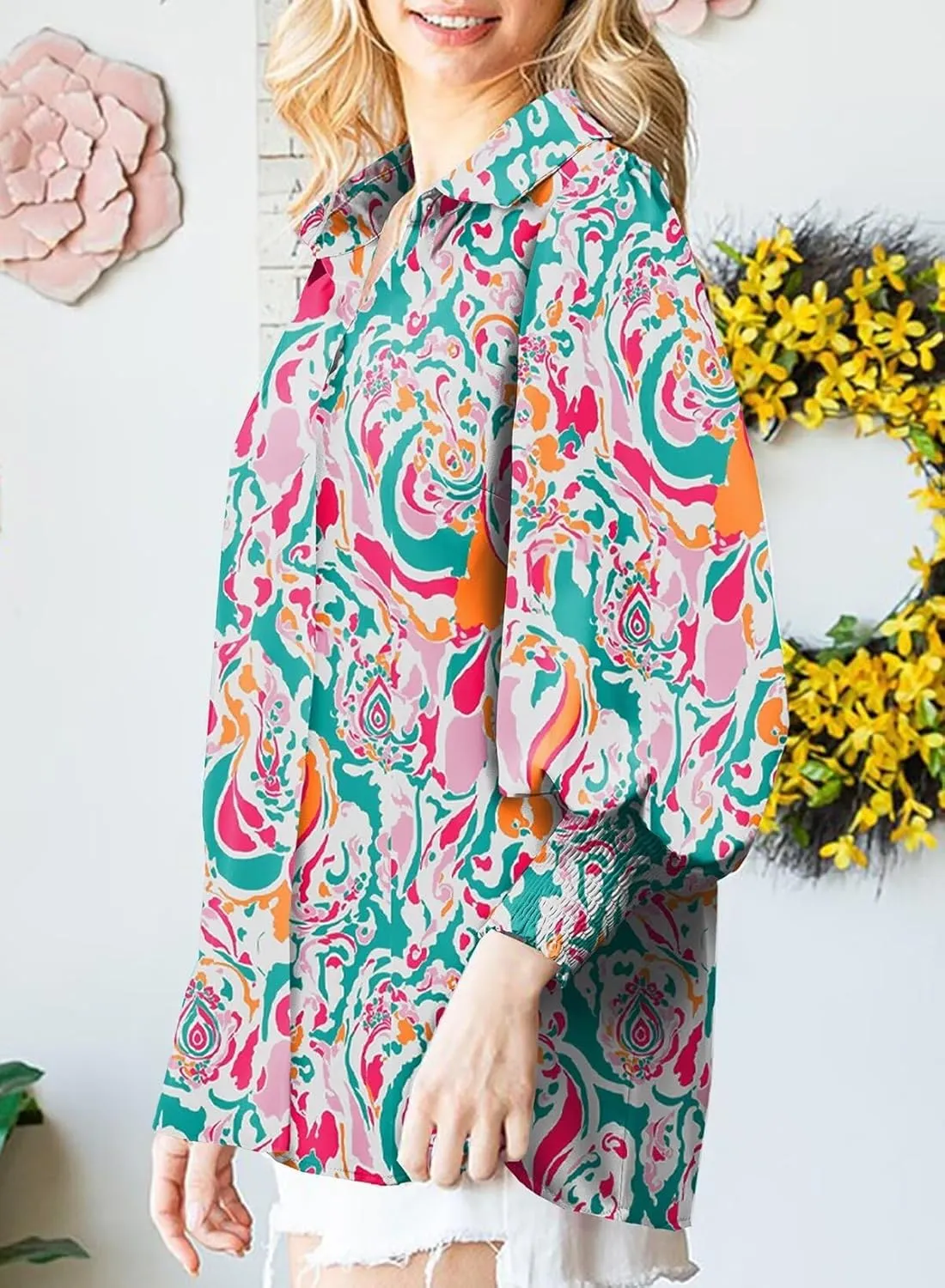 Astylish Women Loose V-Neck Shirts Paisley Print Lantern Sleeve Blouse Tops