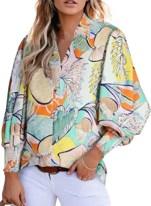 Astylish Women Loose V-Neck Shirts Paisley Print Lantern Sleeve Blouse Tops