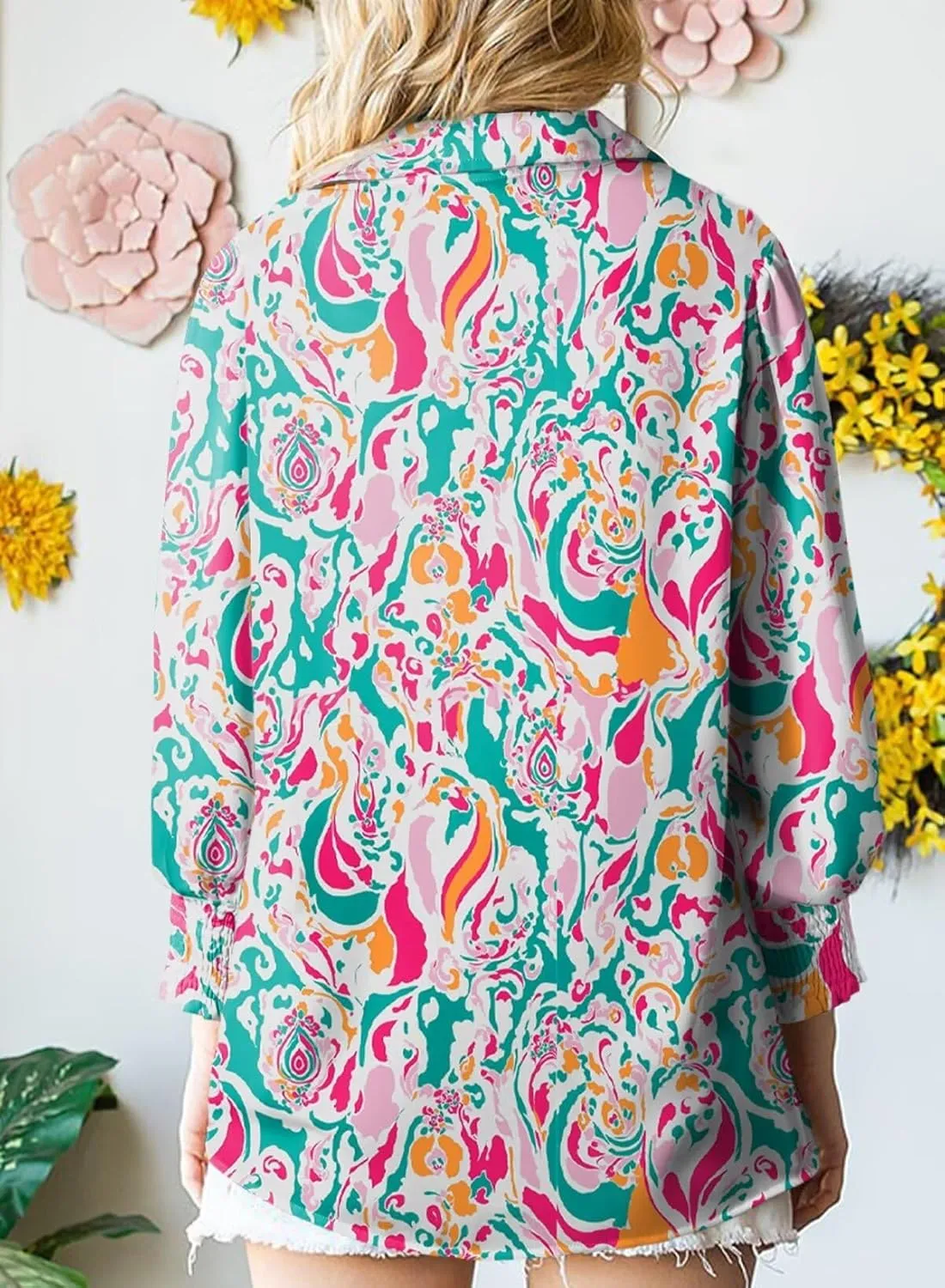 Astylish Women Loose V-Neck Shirts Paisley Print Lantern Sleeve Blouse Tops