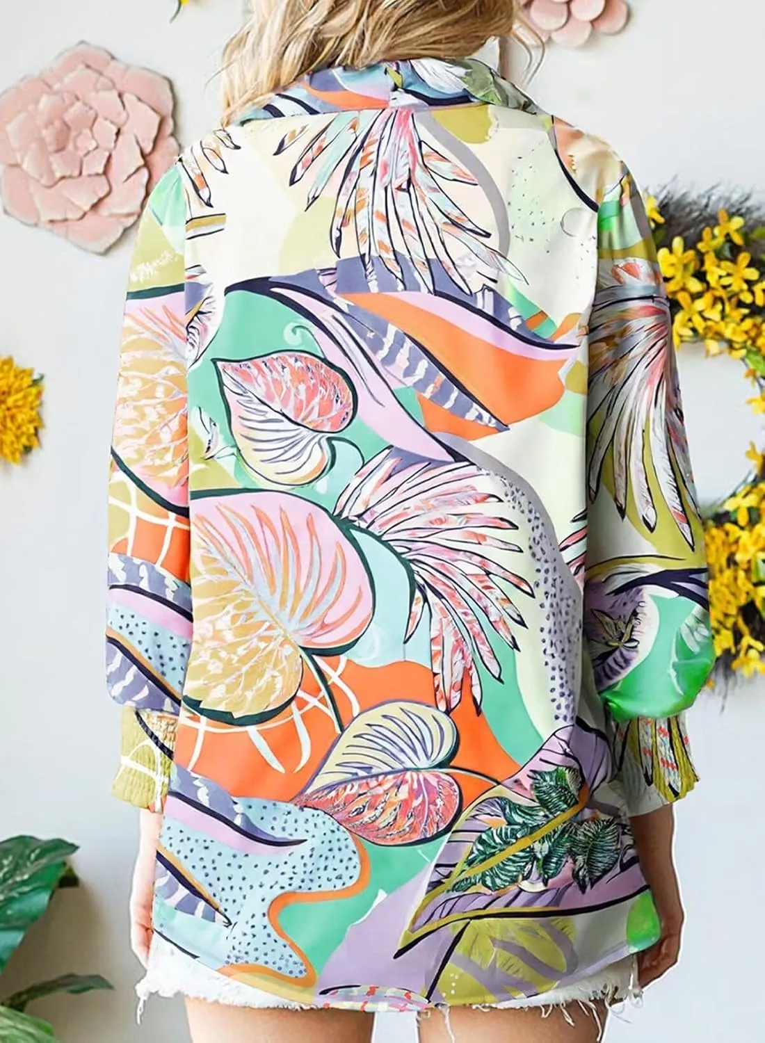Astylish Women Loose V-Neck Shirts Paisley Print Lantern Sleeve Blouse Tops
