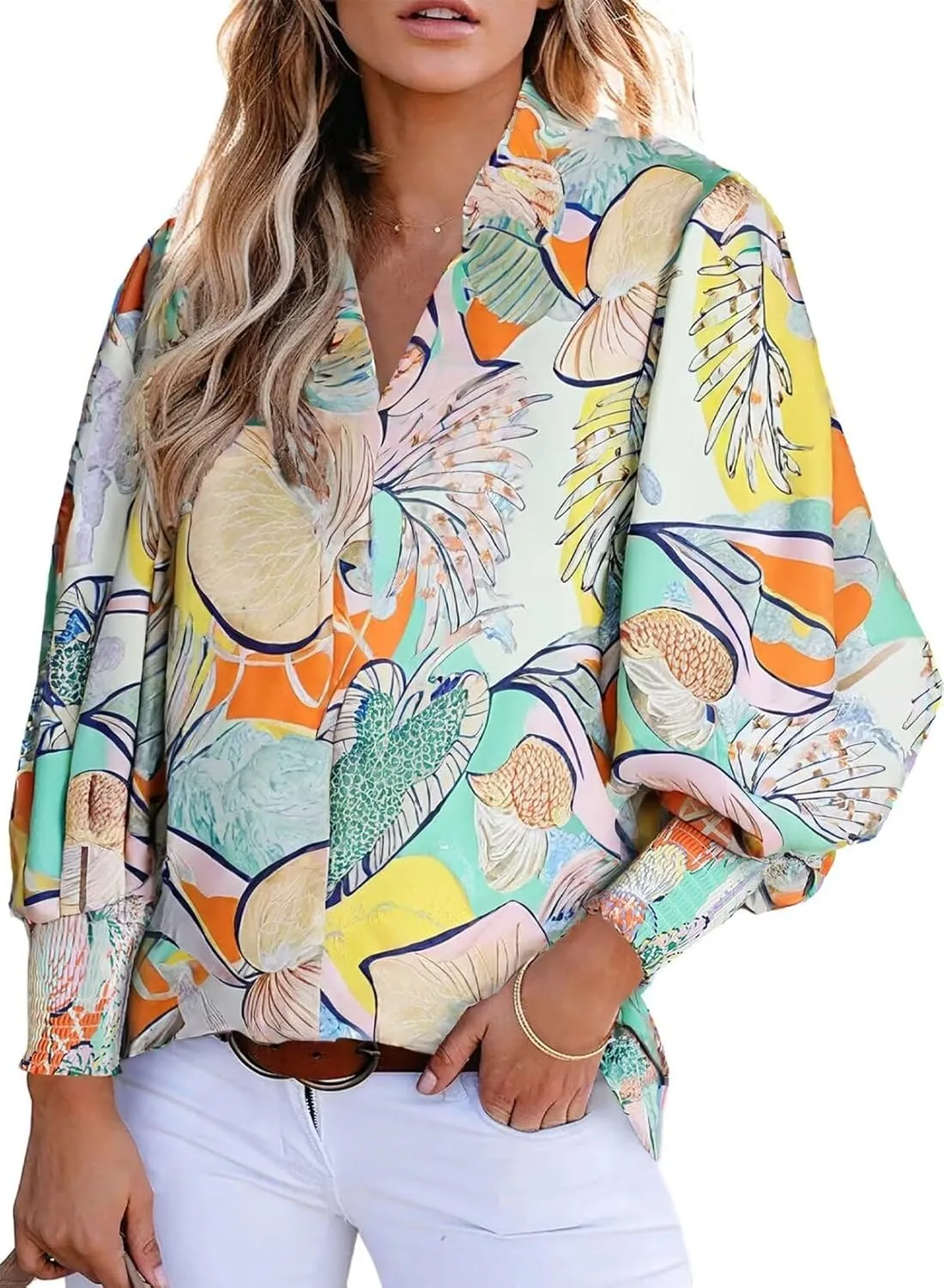 Astylish Women Loose V-Neck Shirts Paisley Print Lantern Sleeve Blouse Tops