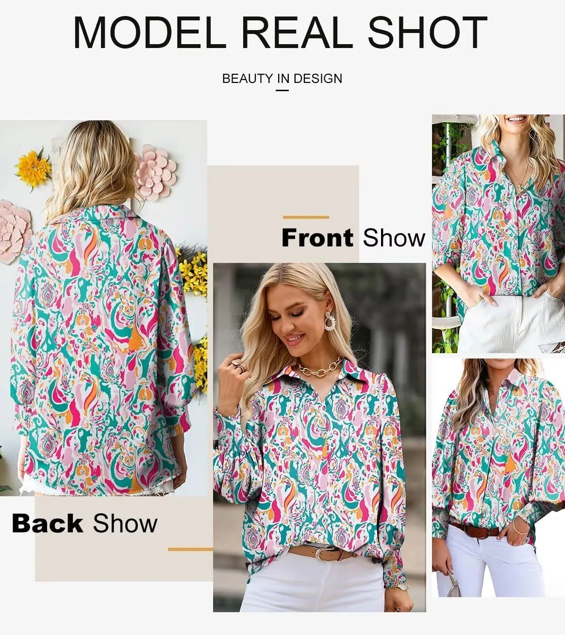 Astylish Women Loose V-Neck Shirts Paisley Print Lantern Sleeve Blouse Tops