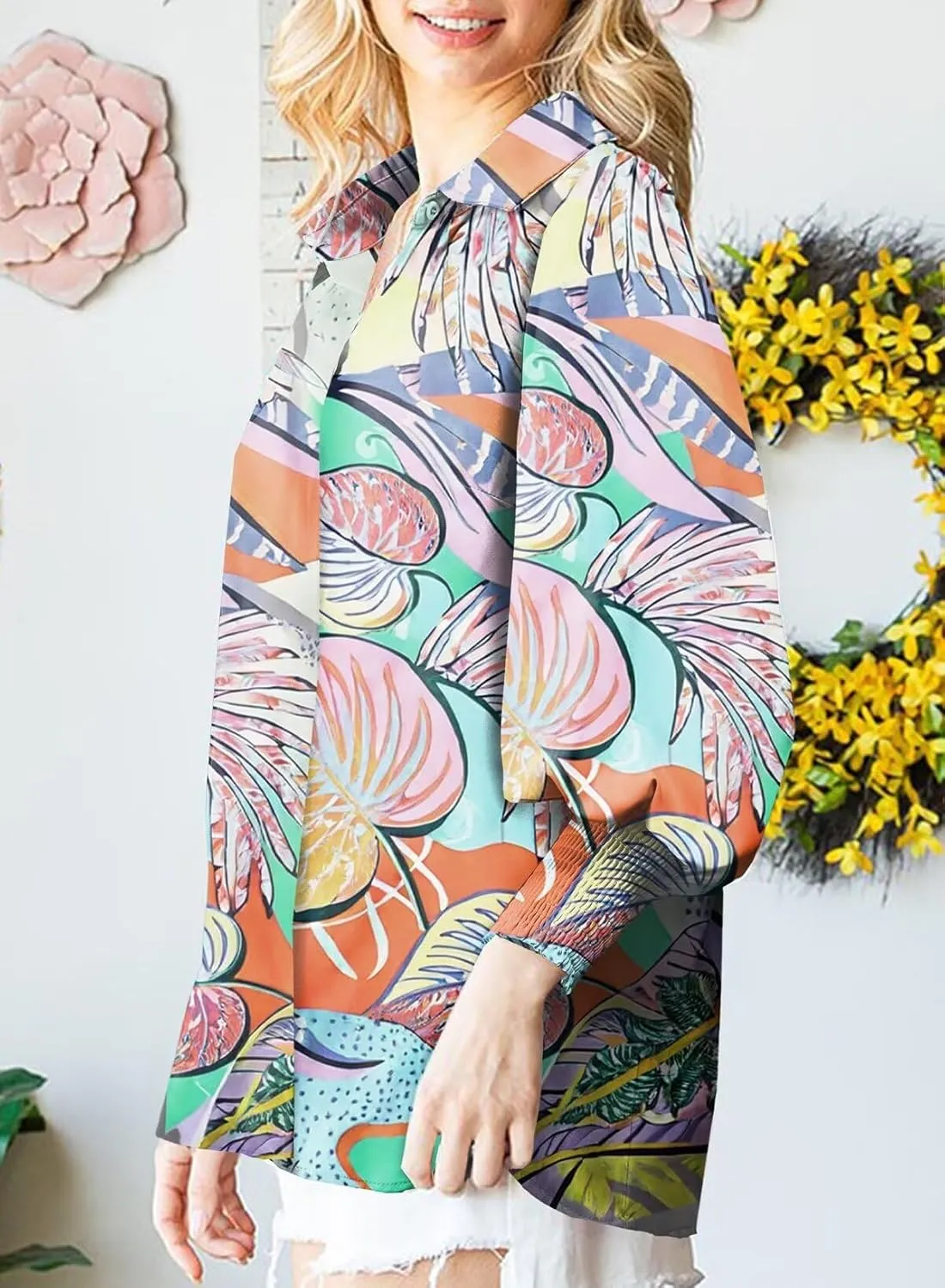 Astylish Women Loose V-Neck Shirts Paisley Print Lantern Sleeve Blouse Tops