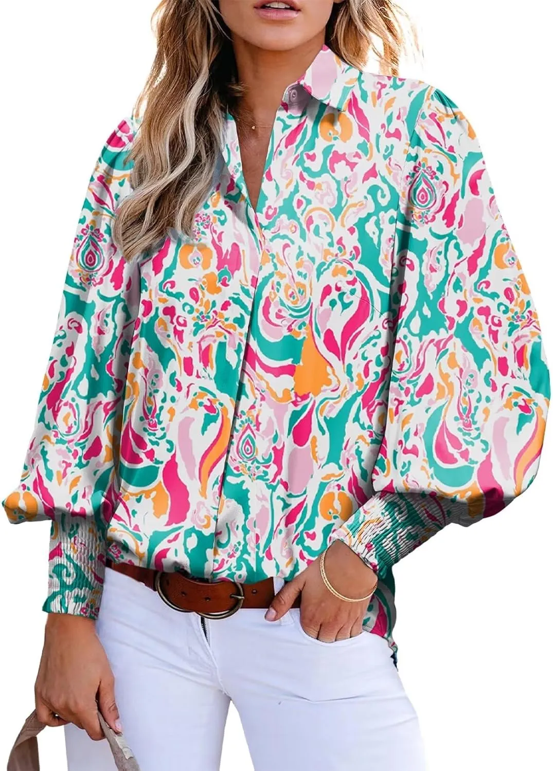 Astylish Women Loose V-Neck Shirts Paisley Print Lantern Sleeve Blouse Tops