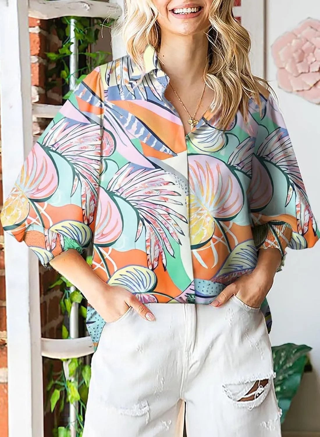 Astylish Women Loose V-Neck Shirts Paisley Print Lantern Sleeve Blouse Tops