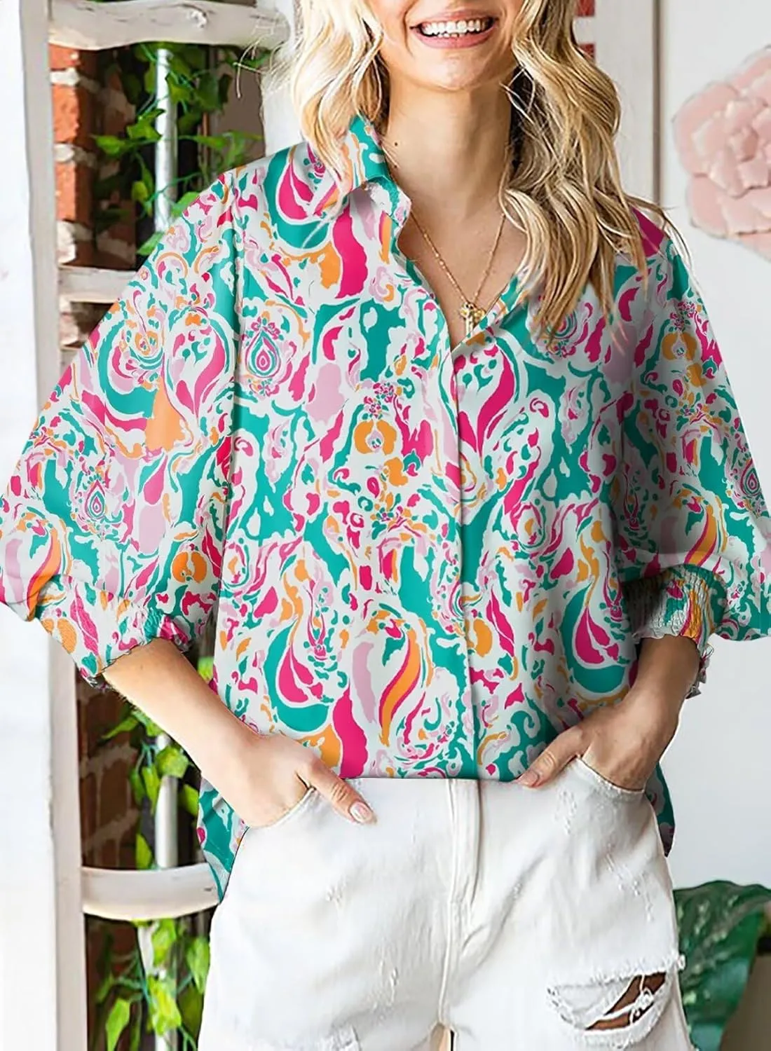 Astylish Women Loose V-Neck Shirts Paisley Print Lantern Sleeve Blouse Tops