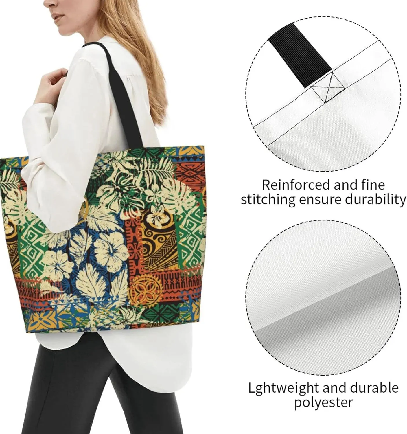 ASYG Hawaiian Flower Tote Shoulder Bag Tribe Pattern Grocery Bags Storage Handle Shopping Bag