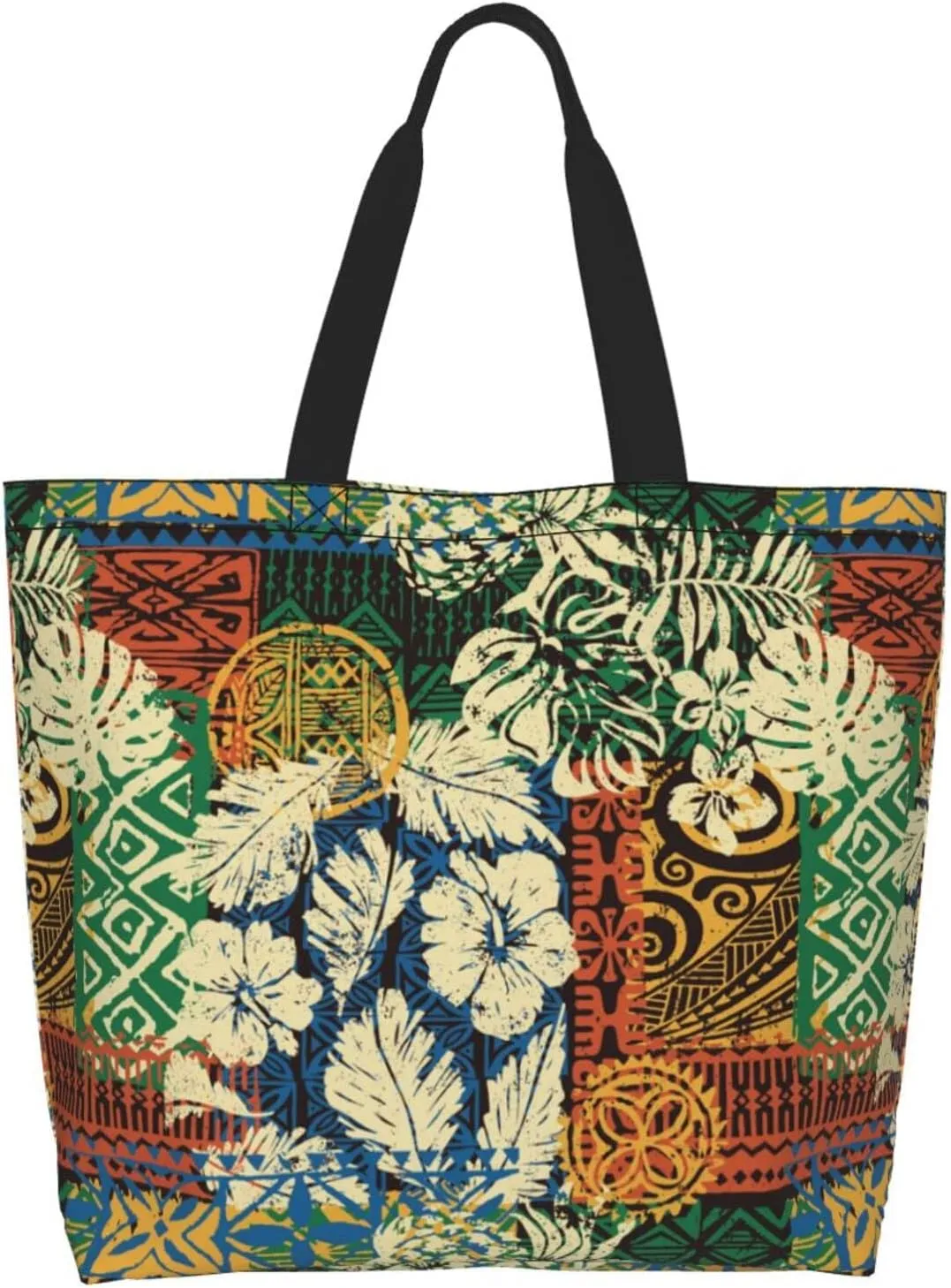 ASYG Hawaiian Flower Tote Shoulder Bag Tribe Pattern Grocery Bags Storage Handle Shopping Bag