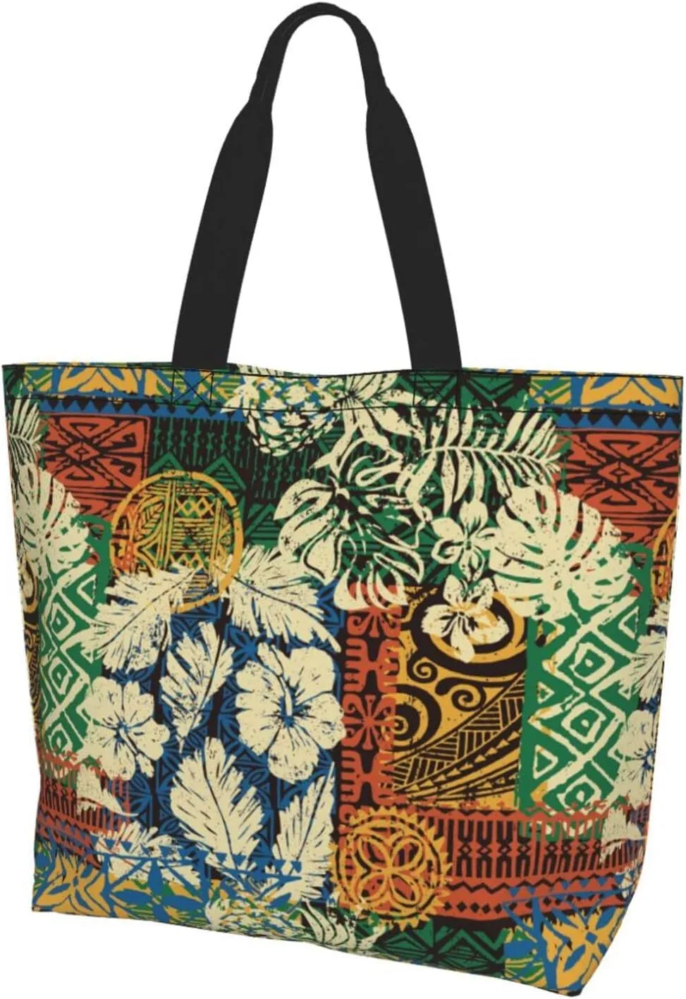 ASYG Hawaiian Flower Tote Shoulder Bag Tribe Pattern Grocery Bags Storage Handle Shopping Bag
