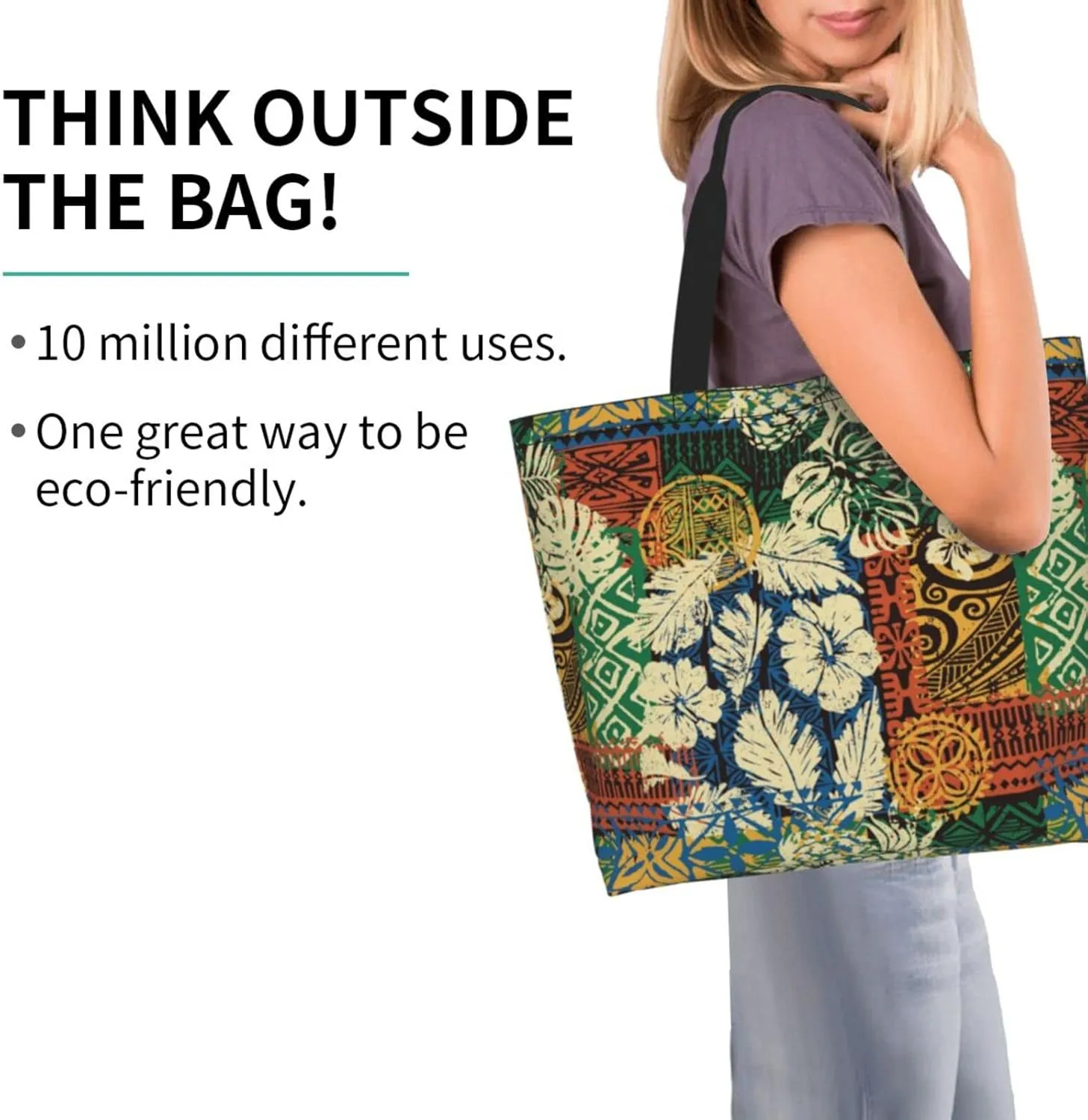 ASYG Hawaiian Flower Tote Shoulder Bag Tribe Pattern Grocery Bags Storage Handle Shopping Bag