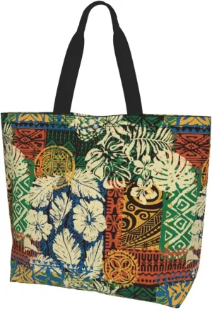 ASYG Hawaiian Flower Tote Shoulder Bag Tribe Pattern Grocery Bags Storage Handle Shopping Bag