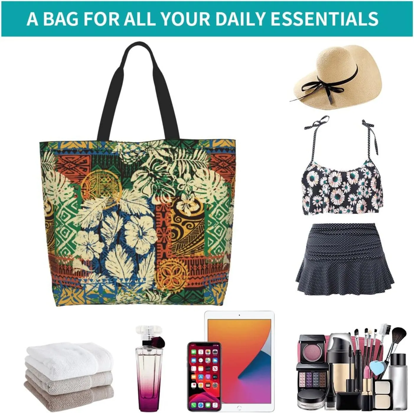 ASYG Hawaiian Flower Tote Shoulder Bag Tribe Pattern Grocery Bags Storage Handle Shopping Bag