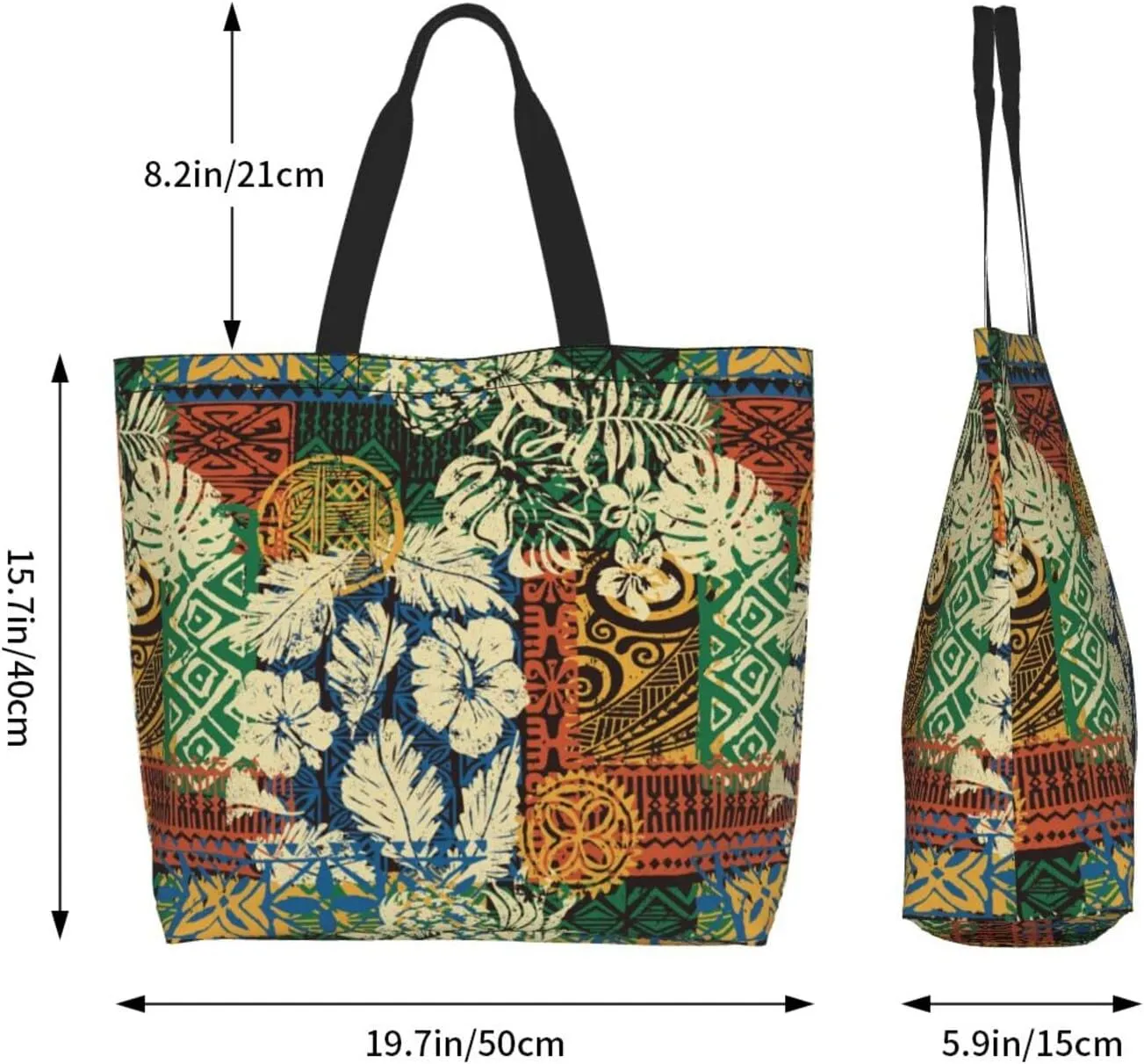 ASYG Hawaiian Flower Tote Shoulder Bag Tribe Pattern Grocery Bags Storage Handle Shopping Bag
