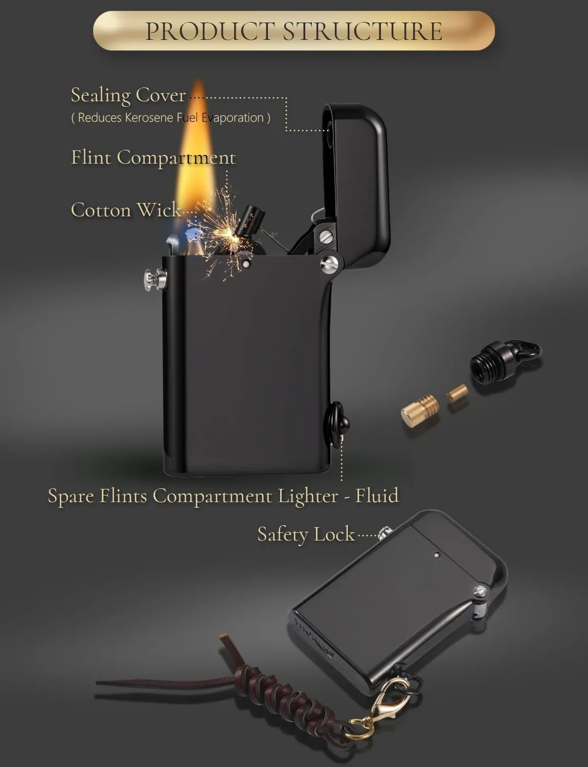 Automatic Ignition Cigar Lighter with Safety Lock,Reusable Kerosene Flame,Luxury Gift Box for Father’s Day & Camping,Thorens Gen 2 Double Claw Glossy Black,2025