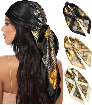 AWAYTR 35” Large Square Satin Head Scarf - 3Pcs Satin Hair Scarves Silk Bandana Scarf Headscarf Silk Feeling Scarf for Women