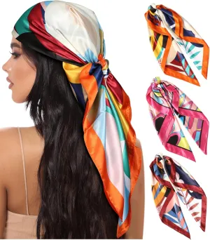 AWAYTR 35” Large Square Satin Head Scarf - 3Pcs Satin Hair Scarves Silk Bandana Scarf Headscarf Silk Feeling Scarf for Women