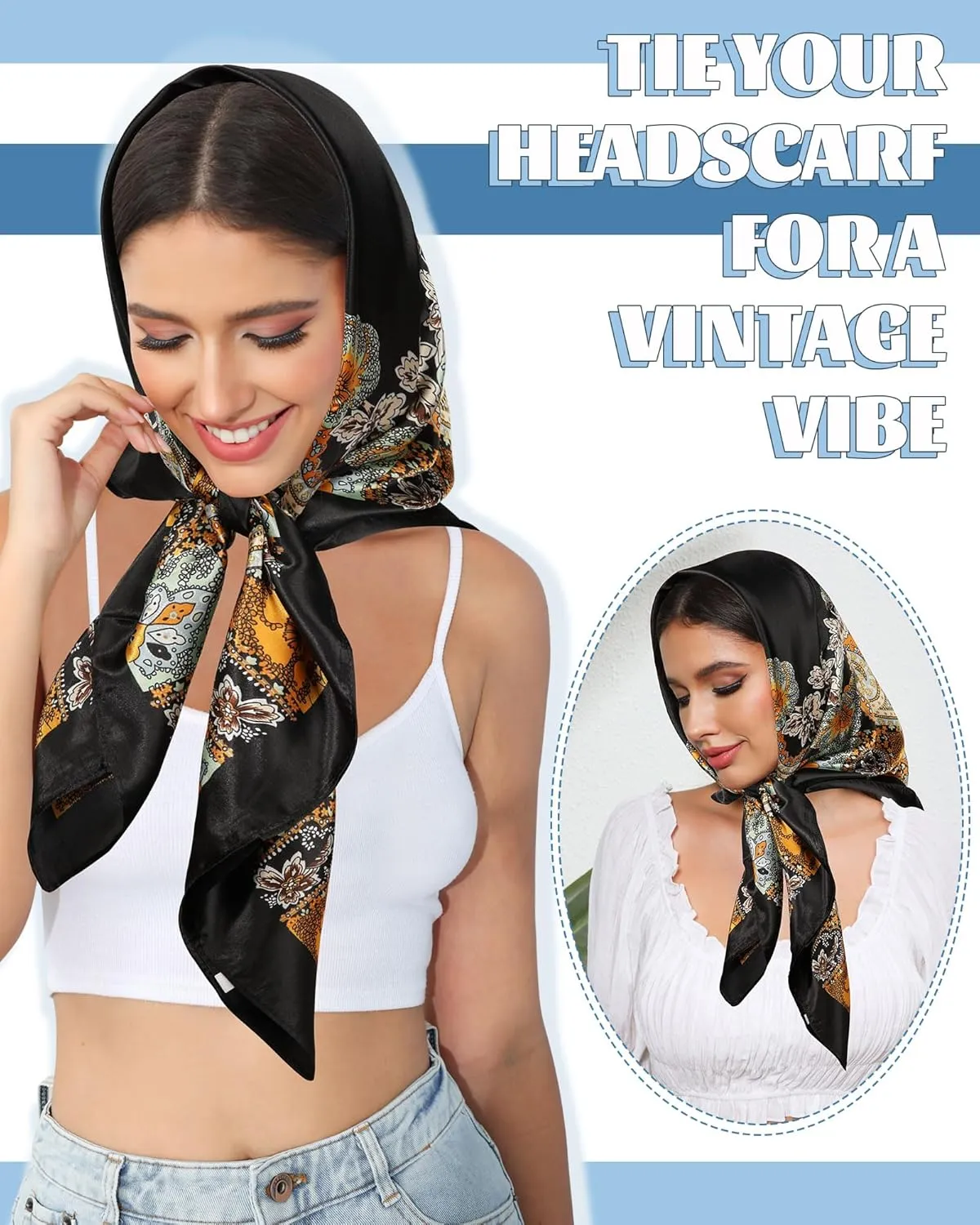 AWAYTR 35” Large Square Satin Head Scarf - 3Pcs Satin Hair Scarves Silk Bandana Scarf Headscarf Silk Feeling Scarf for Women