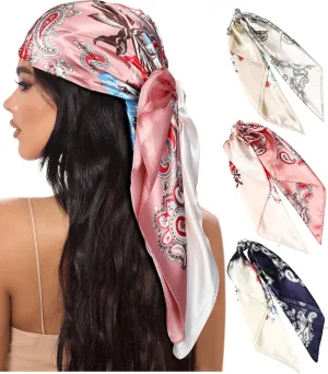 AWAYTR 35” Large Square Satin Head Scarf - 3Pcs Satin Hair Scarves Silk Bandana Scarf Headscarf Silk Feeling Scarf for Women
