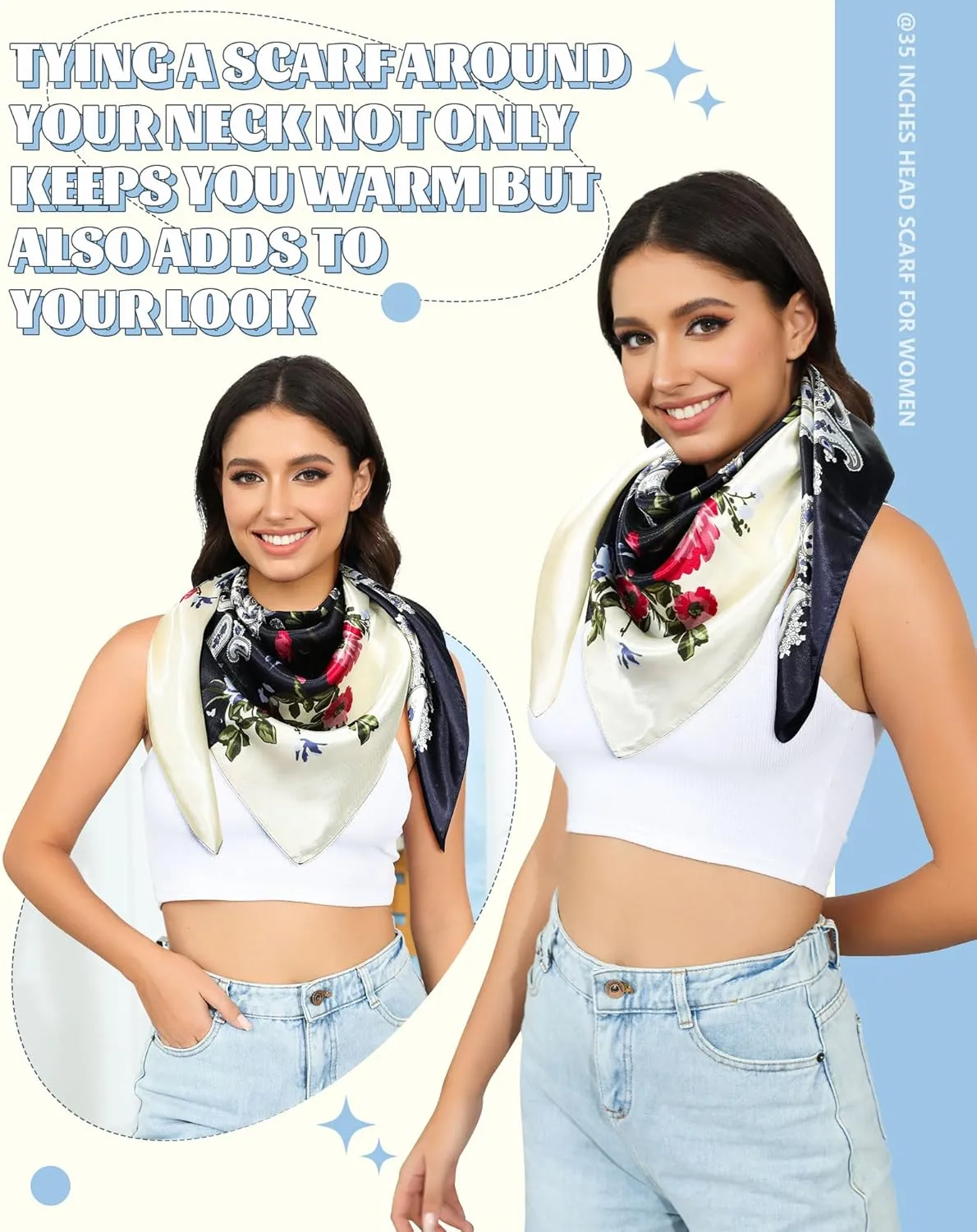AWAYTR 35” Large Square Satin Head Scarf - 3Pcs Satin Hair Scarves Silk Bandana Scarf Headscarf Silk Feeling Scarf for Women