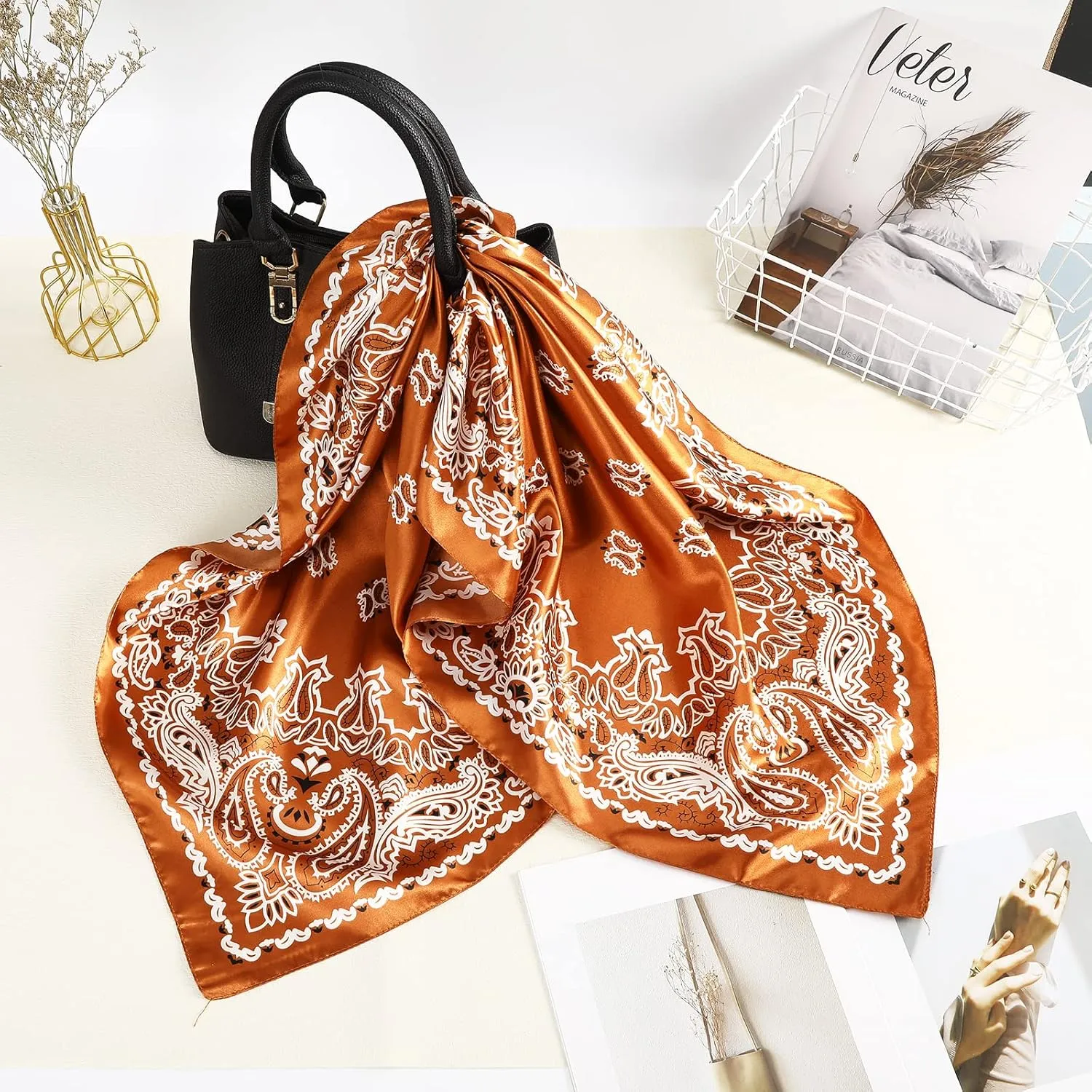 AWAYTR 35” Large Square Satin Head Scarf - 3Pcs Satin Hair Scarves Silk Bandana Scarf Headscarf Silk Feeling Scarf for Women