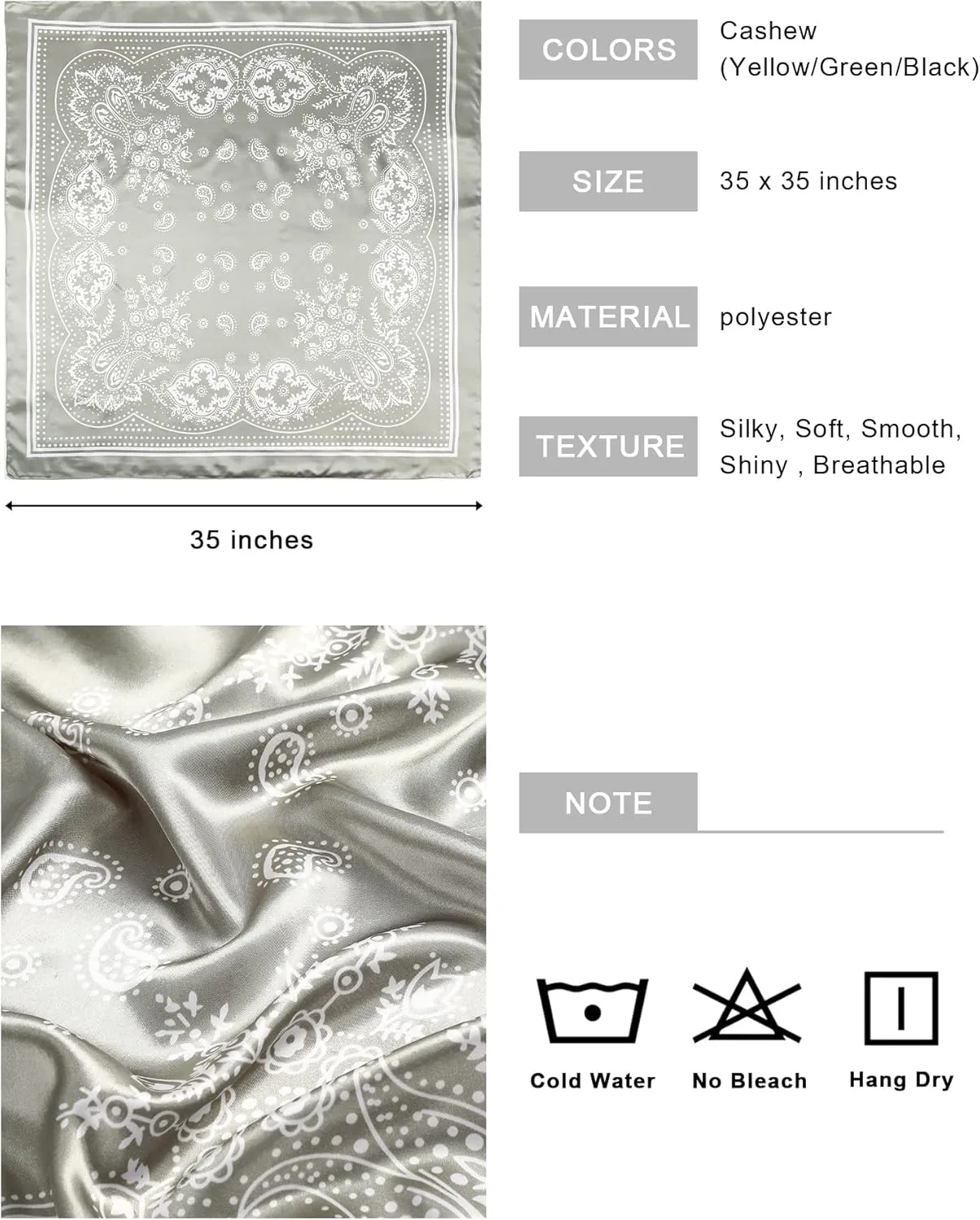 AWAYTR 35” Large Square Satin Head Scarf - 3Pcs Satin Hair Scarves Silk Bandana Scarf Headscarf Silk Feeling Scarf for Women