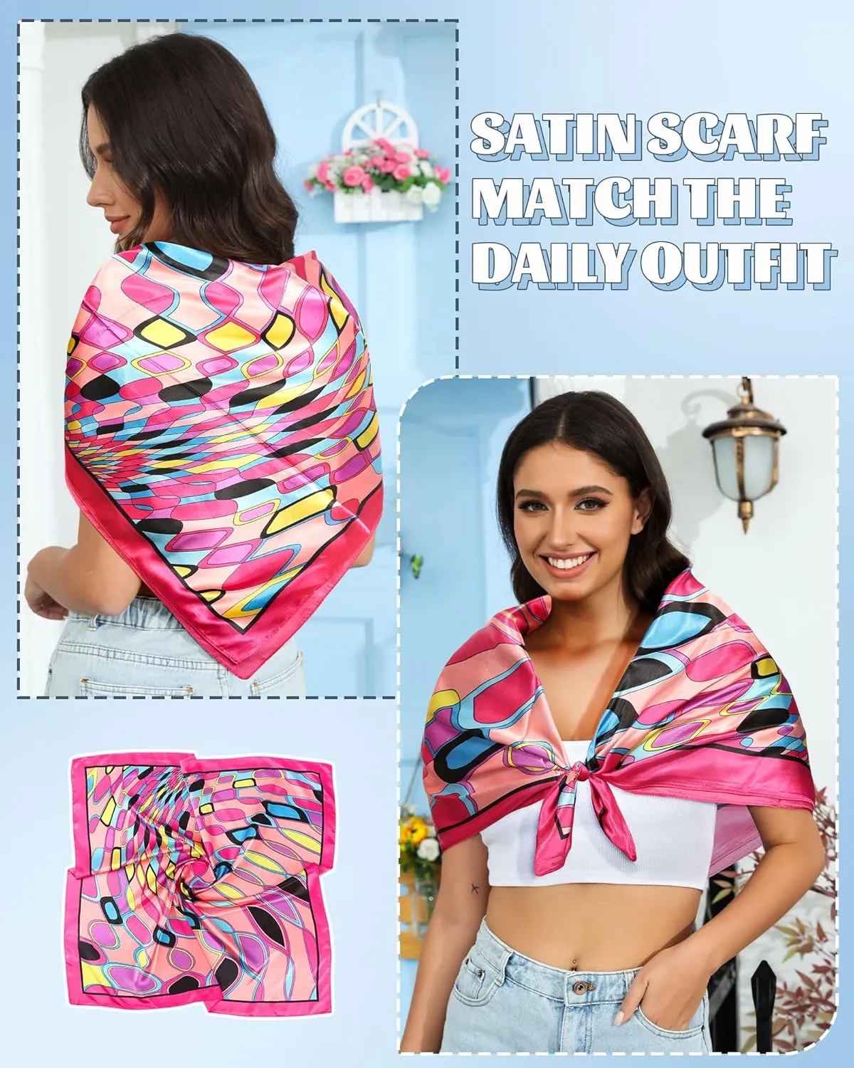 AWAYTR 35” Large Square Satin Head Scarf - 3Pcs Satin Hair Scarves Silk Bandana Scarf Headscarf Silk Feeling Scarf for Women