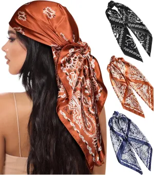 AWAYTR 35” Large Square Satin Head Scarf - 3Pcs Satin Hair Scarves Silk Bandana Scarf Headscarf Silk Feeling Scarf for Women