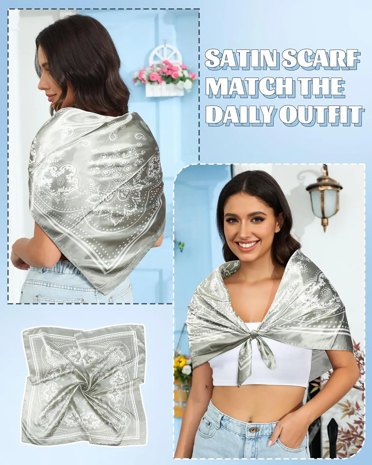 AWAYTR 35” Large Square Satin Head Scarf - 3Pcs Satin Hair Scarves Silk Bandana Scarf Headscarf Silk Feeling Scarf for Women