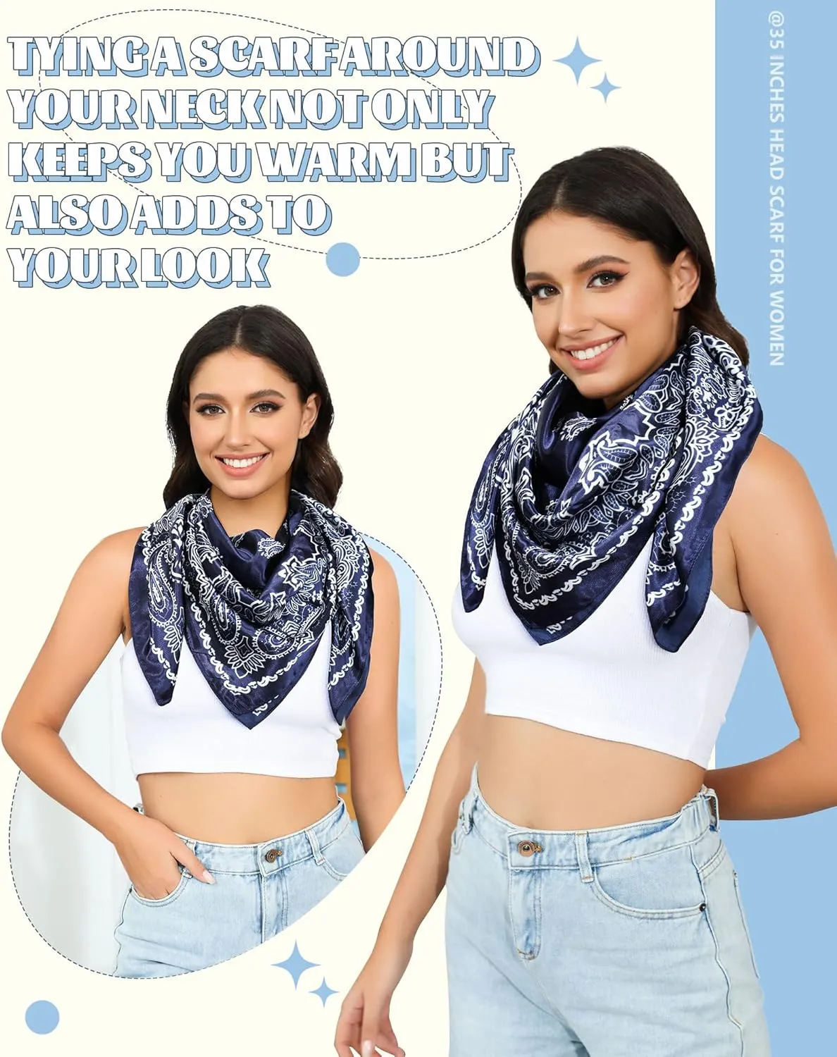 AWAYTR 35” Large Square Satin Head Scarf - 3Pcs Satin Hair Scarves Silk Bandana Scarf Headscarf Silk Feeling Scarf for Women
