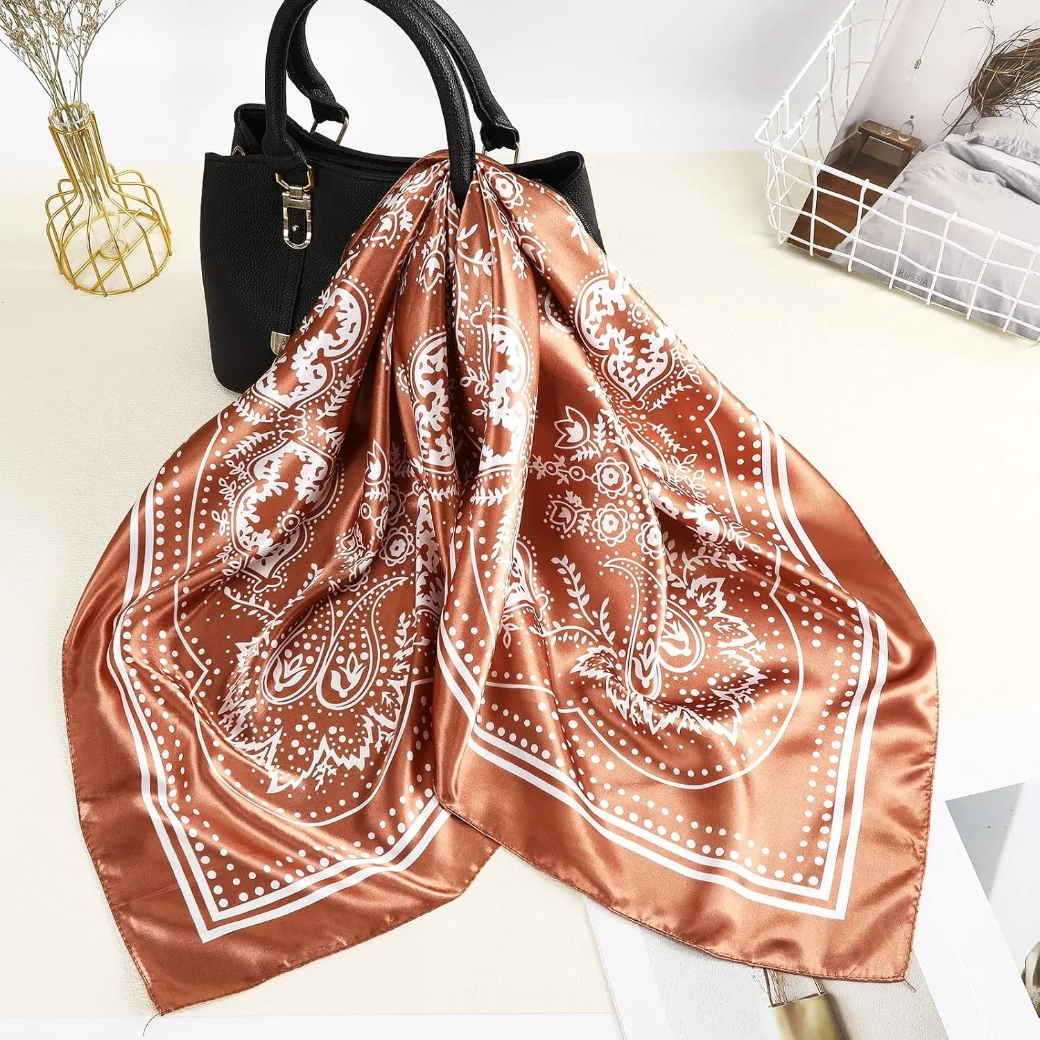 AWAYTR 35” Large Square Satin Head Scarf - 3Pcs Satin Hair Scarves Silk Bandana Scarf Headscarf Silk Feeling Scarf for Women