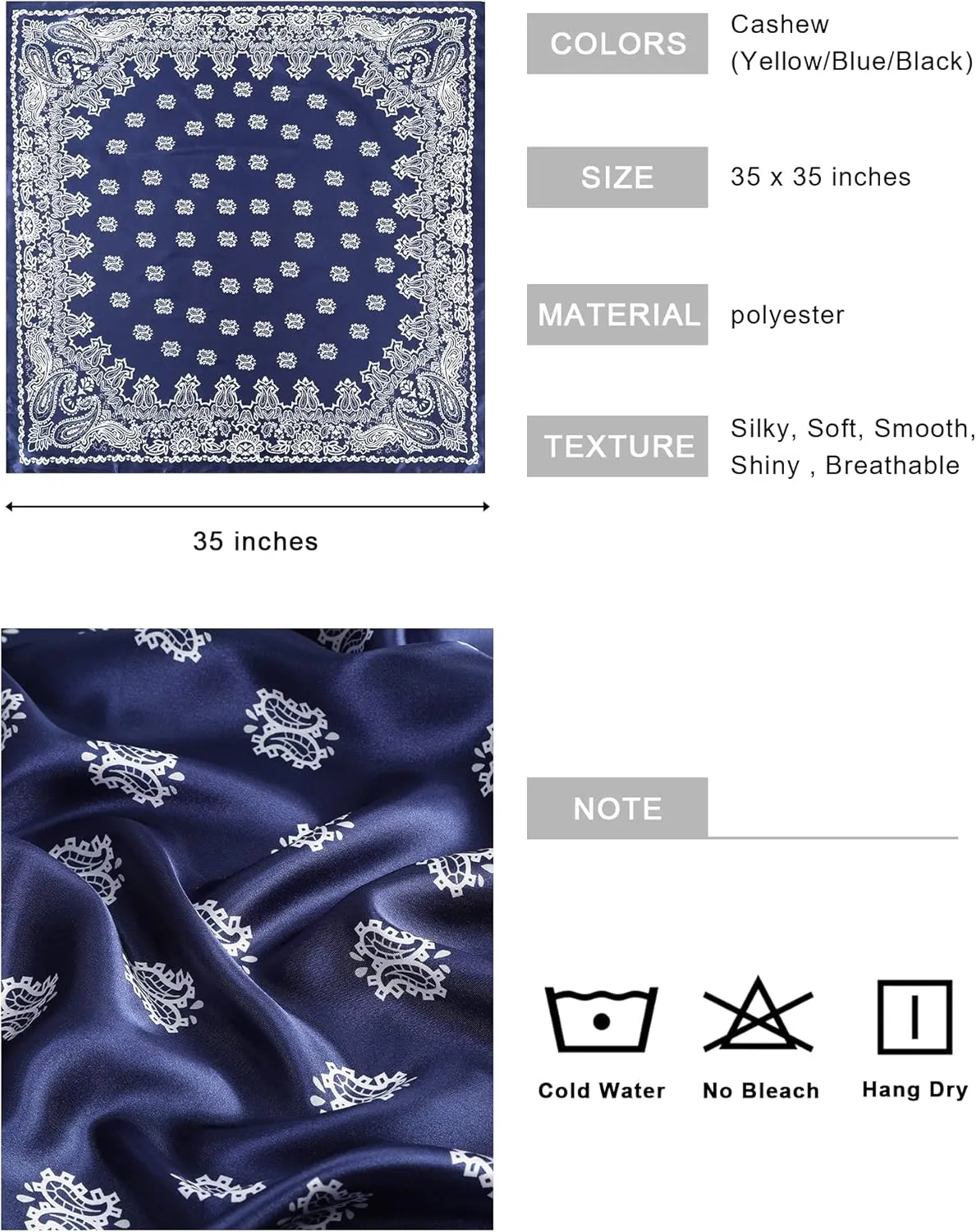 AWAYTR 35” Large Square Satin Head Scarf - 3Pcs Satin Hair Scarves Silk Bandana Scarf Headscarf Silk Feeling Scarf for Women