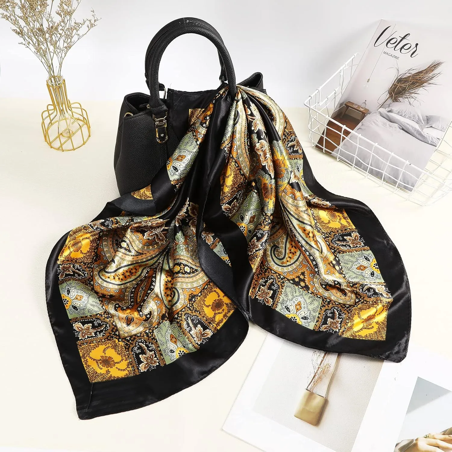 AWAYTR 35” Large Square Satin Head Scarf - 3Pcs Satin Hair Scarves Silk Bandana Scarf Headscarf Silk Feeling Scarf for Women