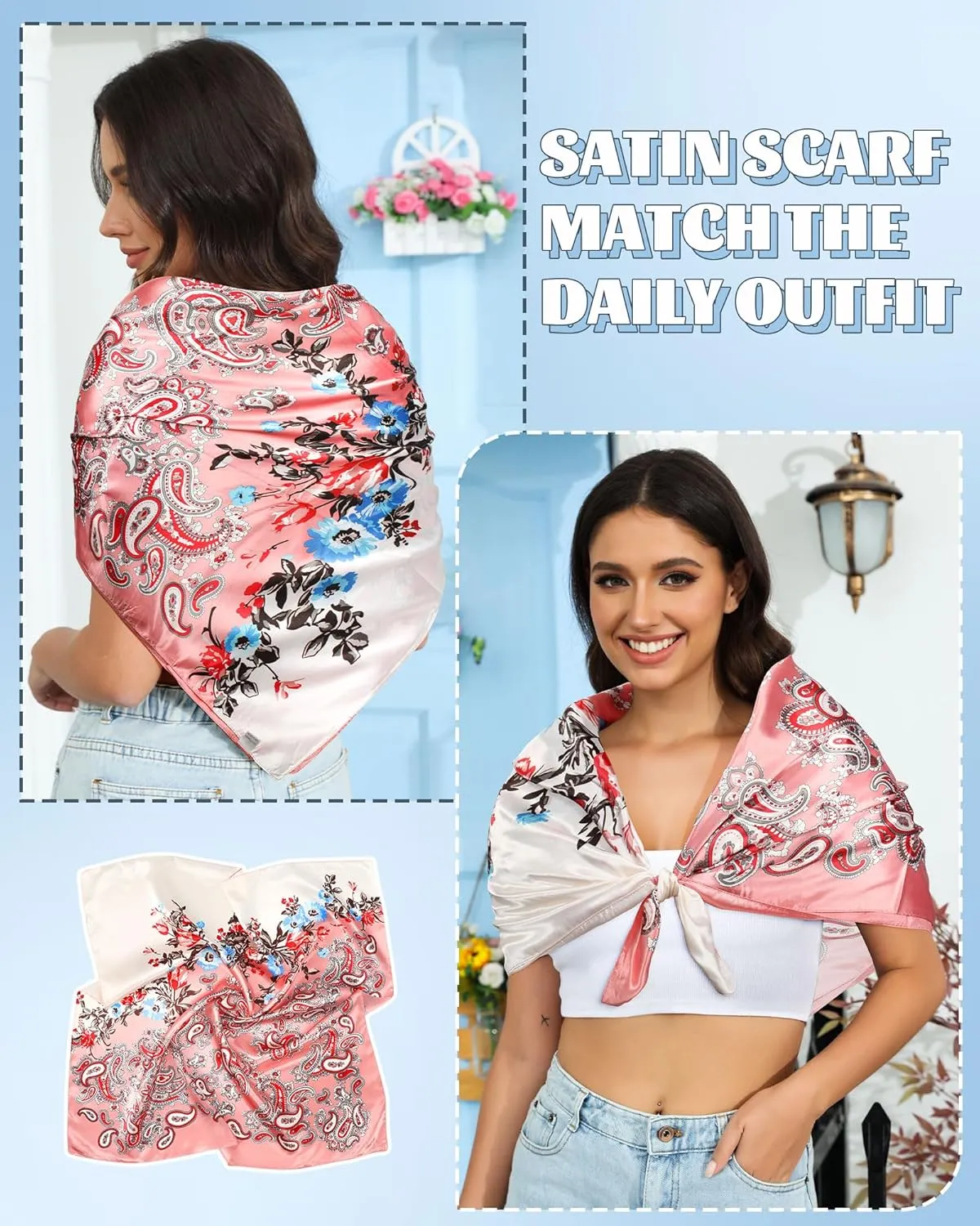 AWAYTR 35” Large Square Satin Head Scarf - 3Pcs Satin Hair Scarves Silk Bandana Scarf Headscarf Silk Feeling Scarf for Women
