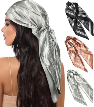AWAYTR 35” Large Square Satin Head Scarf - 3Pcs Satin Hair Scarves Silk Bandana Scarf Headscarf Silk Feeling Scarf for Women