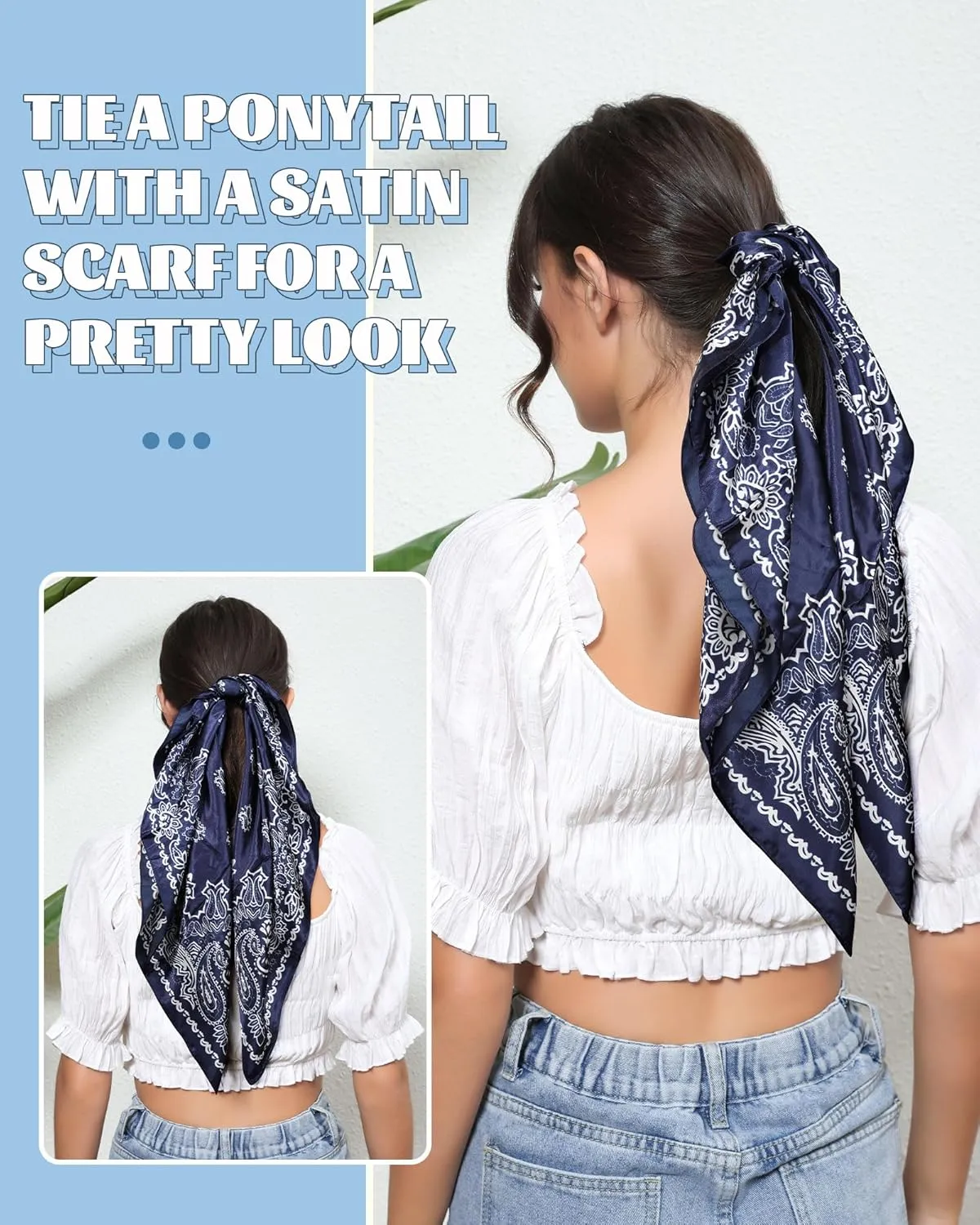 AWAYTR 35” Large Square Satin Head Scarf - 3Pcs Satin Hair Scarves Silk Bandana Scarf Headscarf Silk Feeling Scarf for Women
