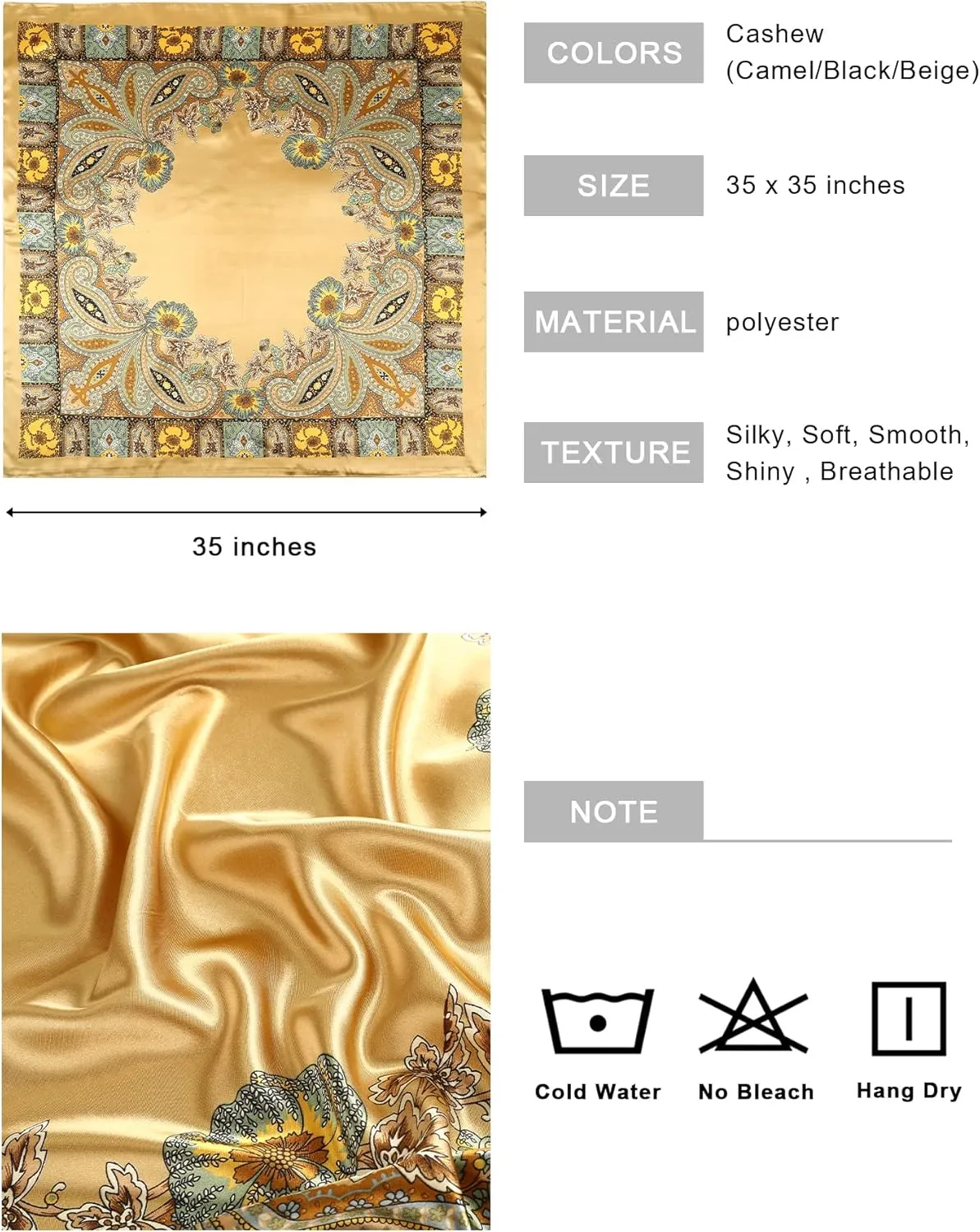 AWAYTR 35” Large Square Satin Head Scarf - 3Pcs Satin Hair Scarves Silk Bandana Scarf Headscarf Silk Feeling Scarf for Women
