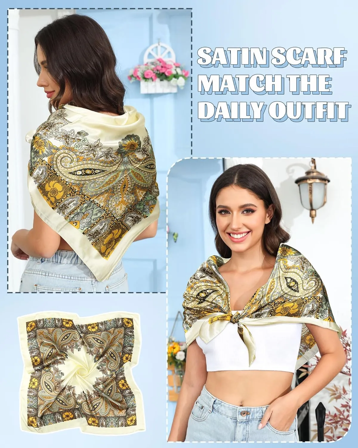 AWAYTR 35” Large Square Satin Head Scarf - 3Pcs Satin Hair Scarves Silk Bandana Scarf Headscarf Silk Feeling Scarf for Women