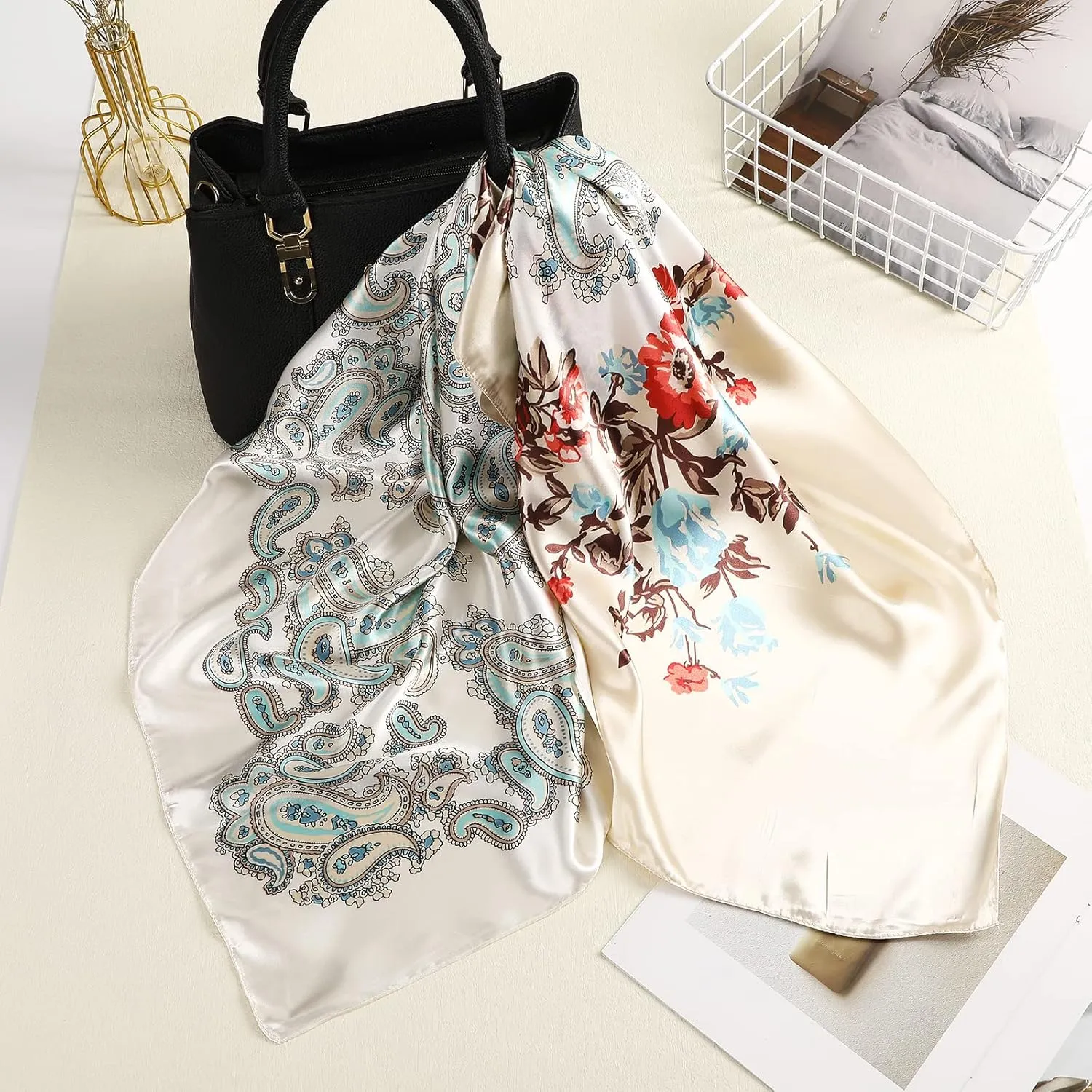 AWAYTR 35” Large Square Satin Head Scarf - 3Pcs Satin Hair Scarves Silk Bandana Scarf Headscarf Silk Feeling Scarf for Women